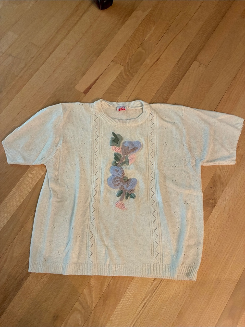 Alia Cream Short-Sleeve Crewneck Sweater with Lavender & Pink Floral Appliqué